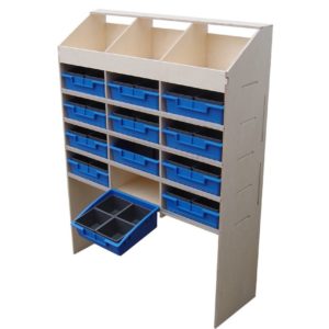 3 pigeon hole unit & 4 shelves with 12 removable blue trays - 300mm depth VL100/E/3 Birch plywood