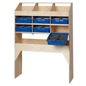 3 pigeon hole unit with 1 open shelf & 6 blue trays - 300mm depth  VL100/H/3 Birch plywood
