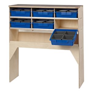 Workbench unit w/ 6 blue trays, 1 open shelf & 18mm phenolic worktop - 300mm depth  VL100/K/3 Birch plywood